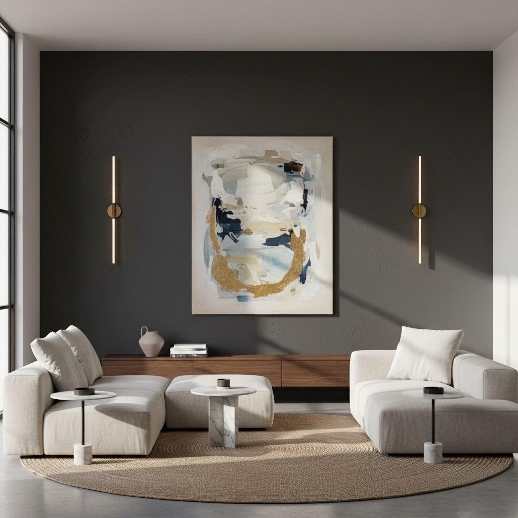 Beautifully painted deep navy feature wall in a modern living room interior with no people