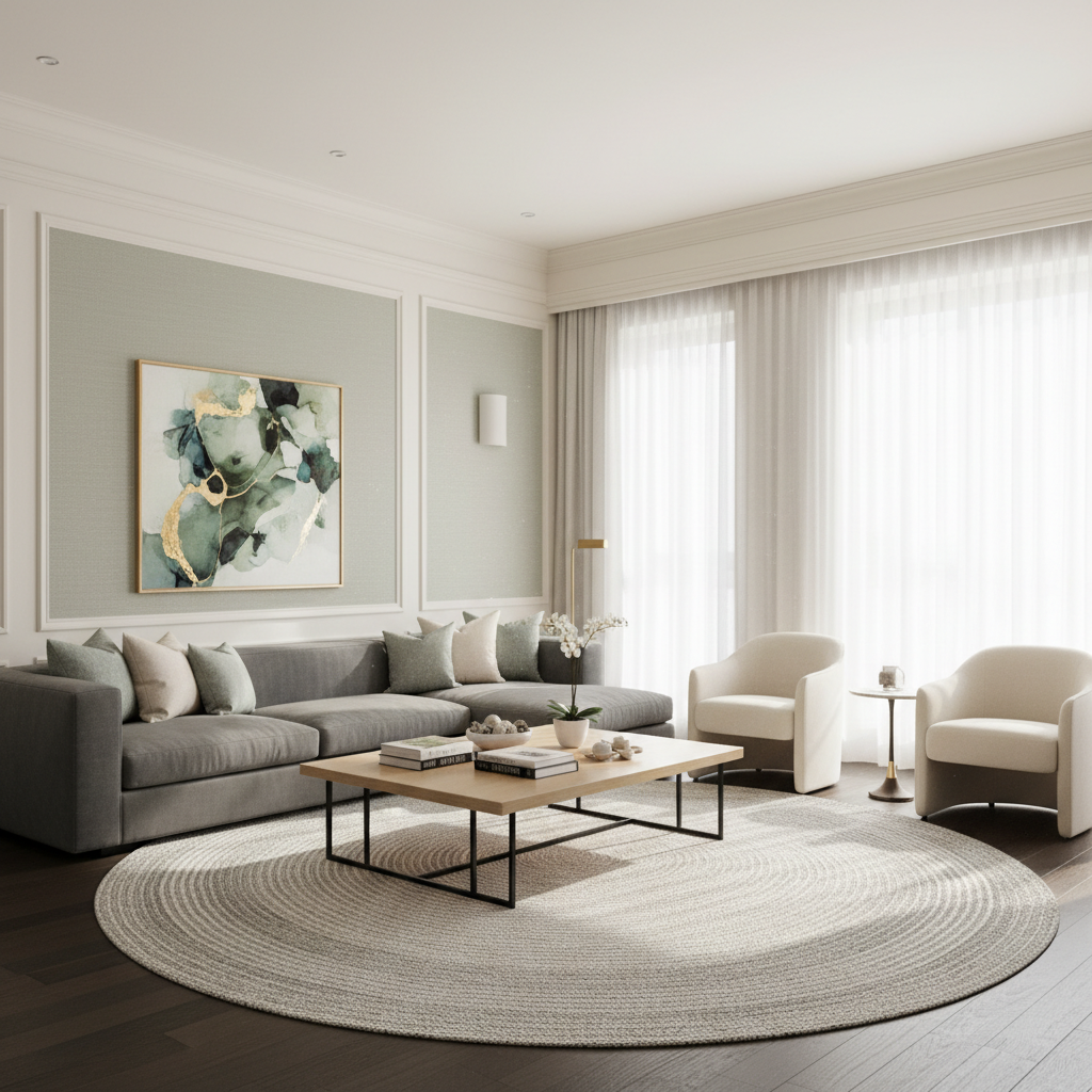 Beautifully redecorated modern living room with freshly painted warm white walls, elegant crown molding, plush grey sofa, and a stylish sage green feature wall