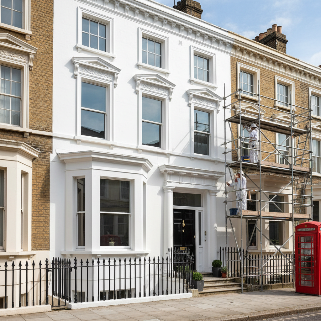 Painter on scaffolding applying fresh paint to the exterior facade of a London townhouse
