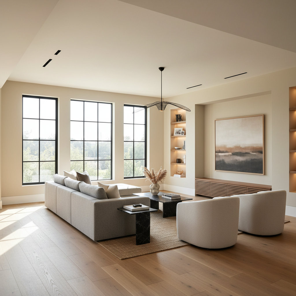 Beautifully renovated modern house interior with smooth walls, hardwood flooring and warm natural light